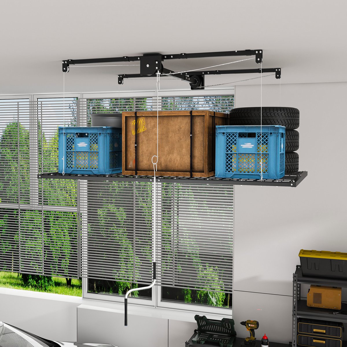Plafondopbergrek Met Handslinger - 120 x 240 cm - Staal - Zwart - Voor Garage met Hoog Plafond 3 tot 3,6 m - Veilig Vergrendelbaar