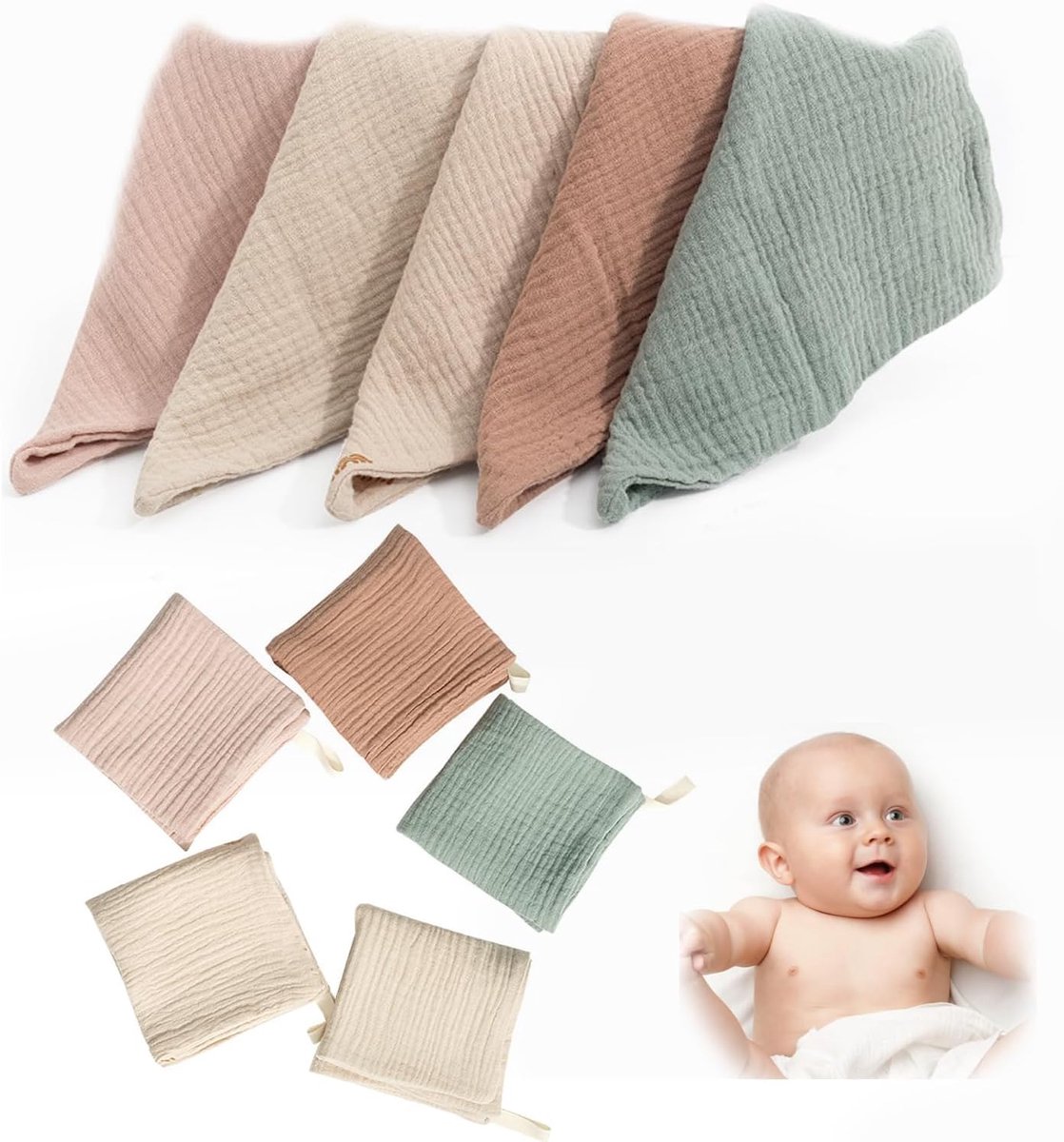 SnelShoppen - 10 stuks Chiffon Waskrachtige Washandjes voor Baby's (23 x 23 cm) – Katoenen Handdoekjes voor Gezicht van Pasgeborenen, Uniseks, Perfect