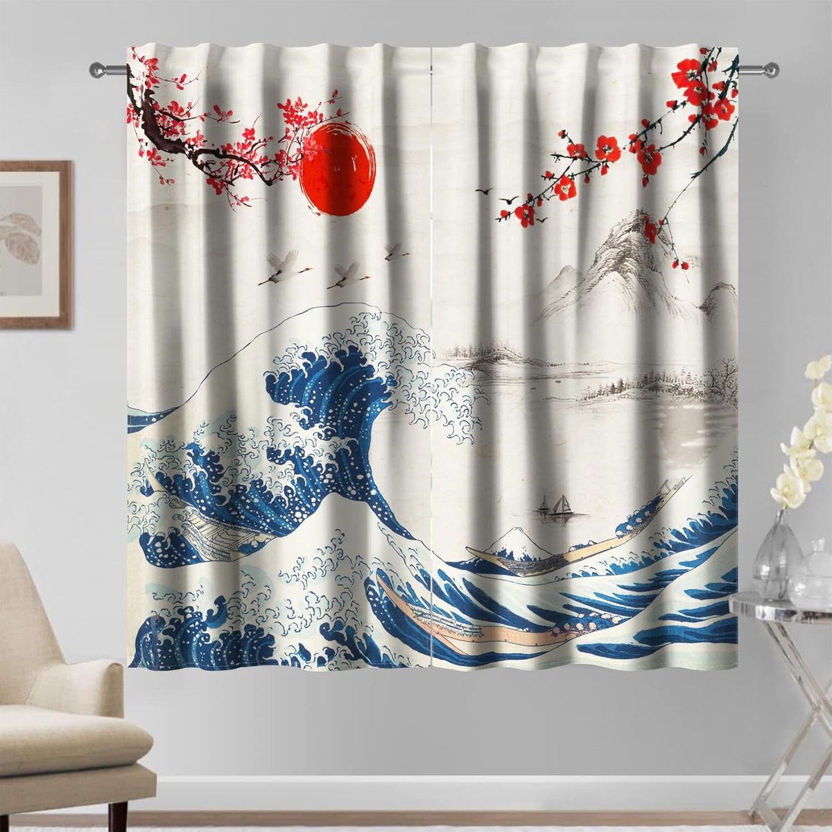 SnelShoppen - Ukiyoe Gordijnen 2 Panelen 117 x 138 cm, Japanse Stijl met Rode Bloesem en Hokusai De Grote Golf, Polyester Linnen, Oriëntale Decoratie