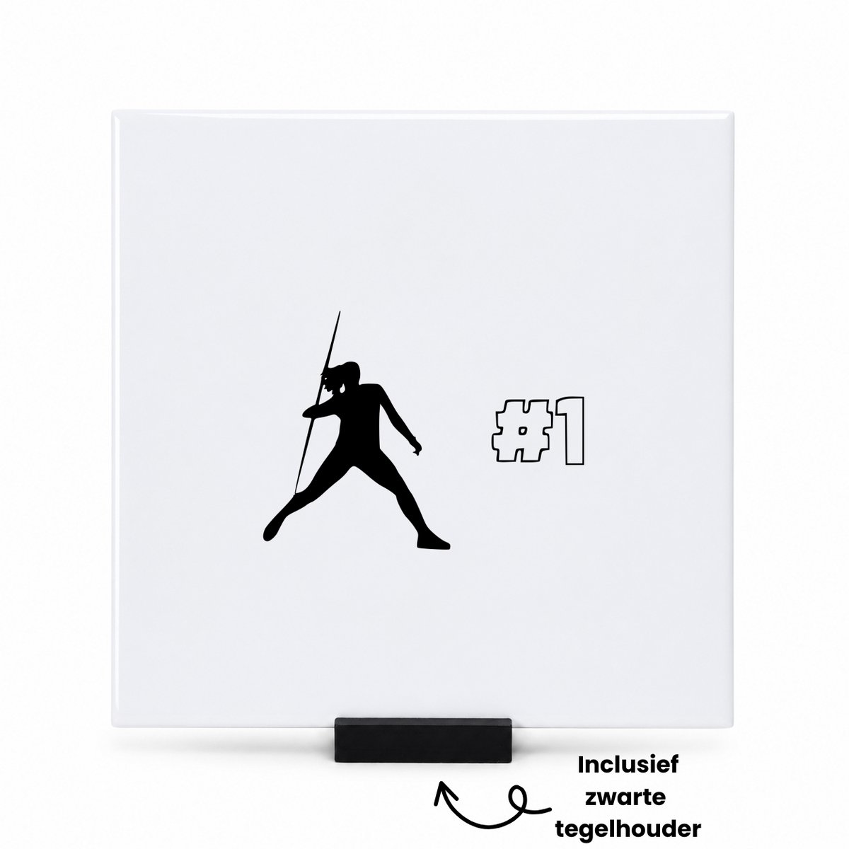 Hacebo Speerwerpen tegeltje met tegelhouder - Sport - Familie vrienden - tegeltjes met tekst - Cadeau - spreuktegels - 15x15 CM Wit
