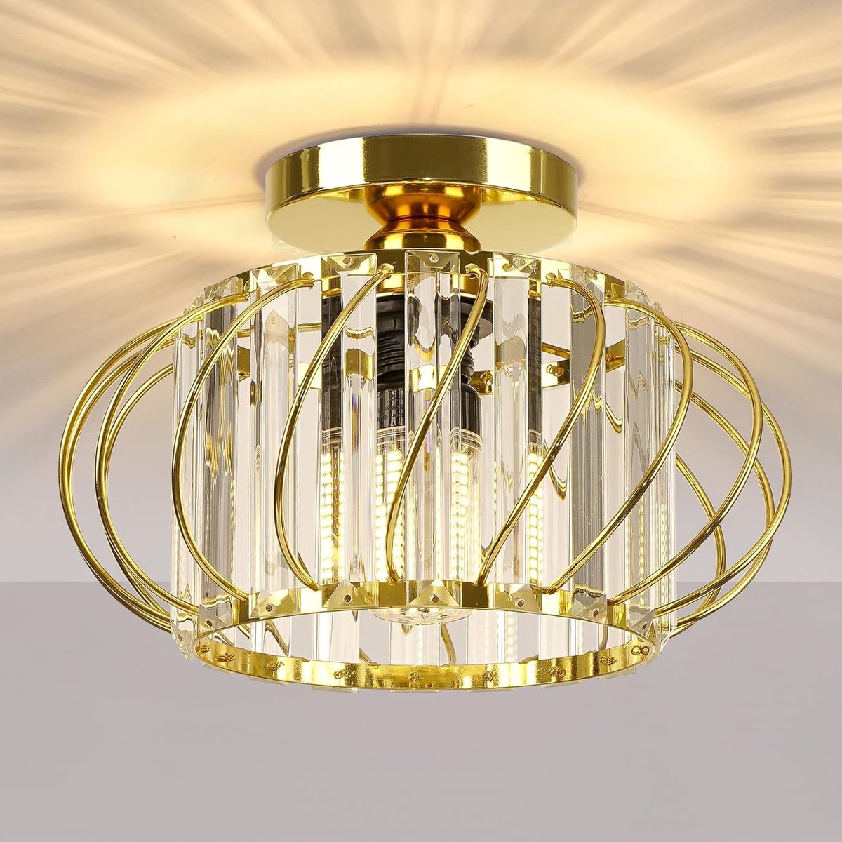 SnelShoppen - Moderne Ronde Plafondlamp Kroonluchter met Gouden Kristallen - E27 Lamp voor Slaapkamer, Woonkamer, Keuken, Hal - Diameter 28 cm - Luxe