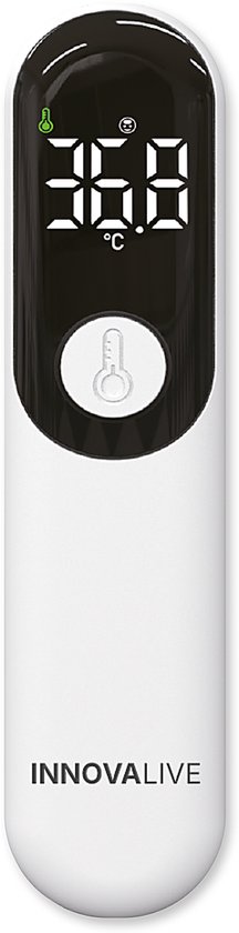 Digitale contactloze thermometer van InnovaLive met een zwart display dat 36.8°C aangeeft. Wit apparaat met een thermometer symbool.
