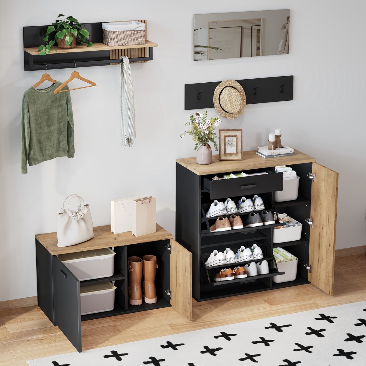 Wishdor - Schoenenkast - 5-delige halset met spiegel en schoenenbank - opbergkast met haken - modern - entree en hal - houtlook - naturel en zwart - 85 x 36 x 85 cm