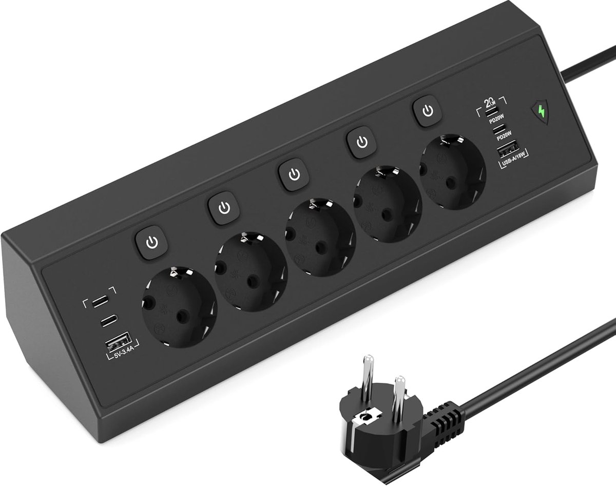 SnelShoppen - Hoekstopcontact met USB C 20W, 5-voudig Meerkleurig Stopcontact met Schakelaar, Overload Bescherming, 1.8 M Tafelstopcontact voor Keuken