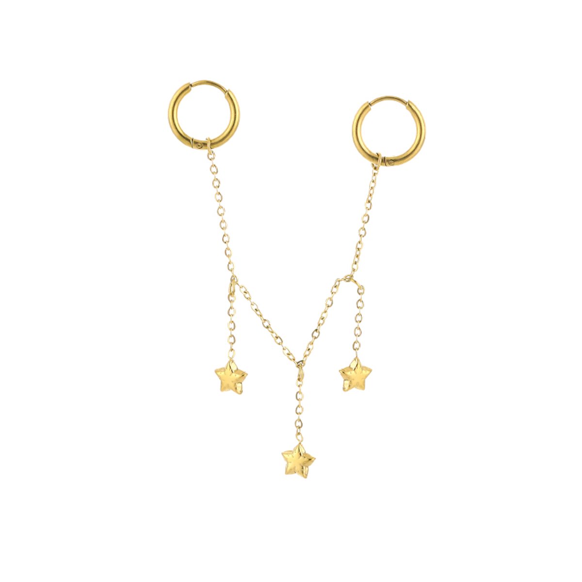 Stainless Steel Dubbele Oorringen met Ketting en Sterren – Trendy & Speelse Multi-piercing Oorbellen - RVS - Goud