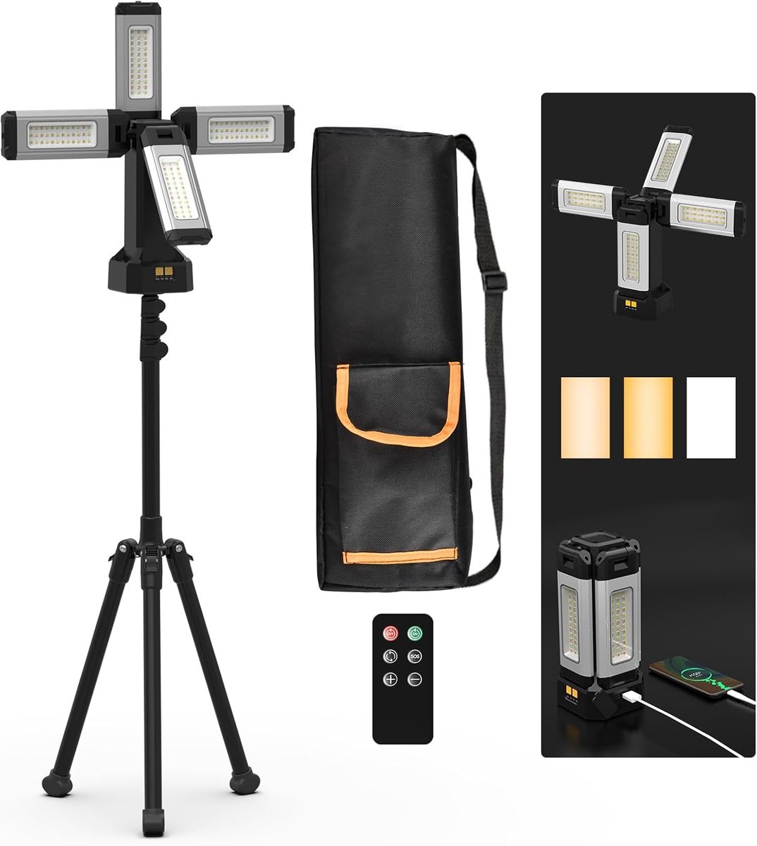 SnelShoppen - Verbeterde oplaadbare aluminium werklicht met 13200 mAh, opvouwbare standaard, afstandsbediening, 4 lichtstanden, 2000 lumen, zilver - P