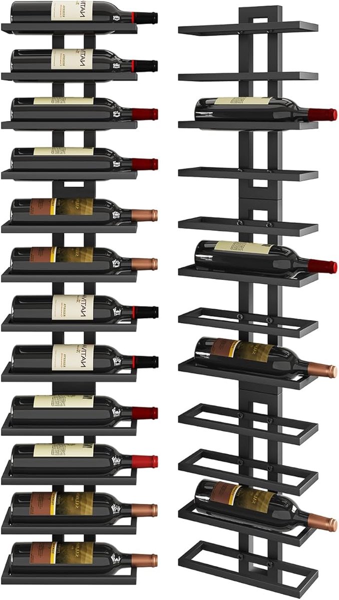 TMJ909B Wand Wijnrek Voor 12 Flessen - Metalen Wijnfleshouder Voor Muurmontage - Ruimtebesparend Design Voor Wijn, Champagne En Sterke Dranken - Zwart - Voor Keuken, Eetkamer, Slaapkamer En Wijnkelder