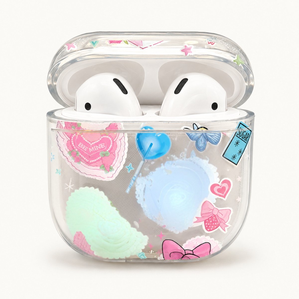 Enluxe Case geschikt voor Airpods 4 - Kawaii Be Mine Wit - Aardbeien en Snoep Hoesje, Schokbestendig
