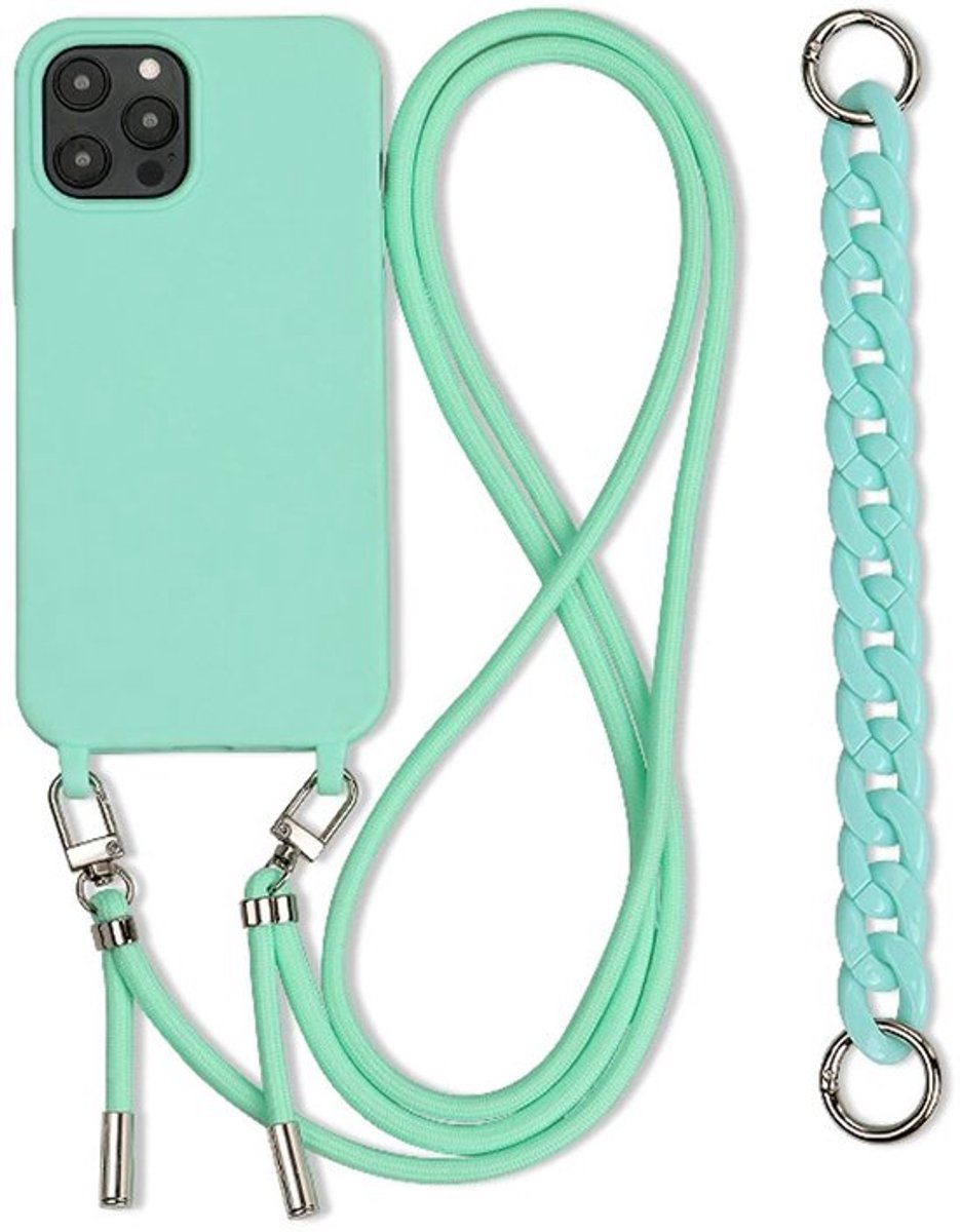 Telefoonhoesje met Koord en Polsband – Geschikt voor Samsung Galaxy S24 Plus – Siliconen Case met Draagkoord – Mintgroen