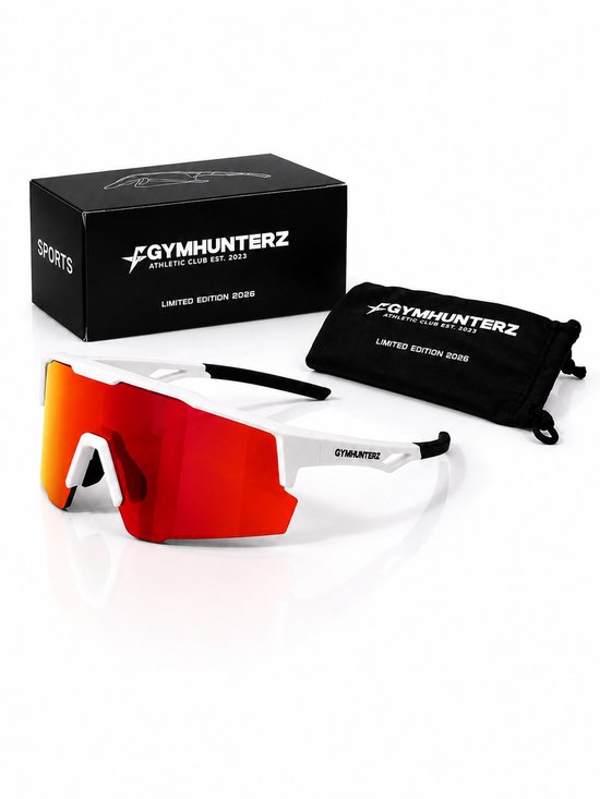 Witte sportbril met rood/oranje spiegelglas, een zwart opbergzakje en een zwarte doos met GYMHUNTERZ logo.