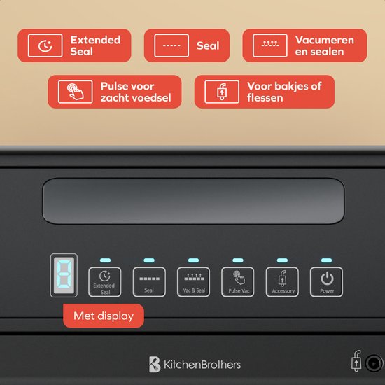 Gros plan du panneau de commande de la machine sous vide avec "Avec écran" et des fonctions telles que "Joint prolongé".