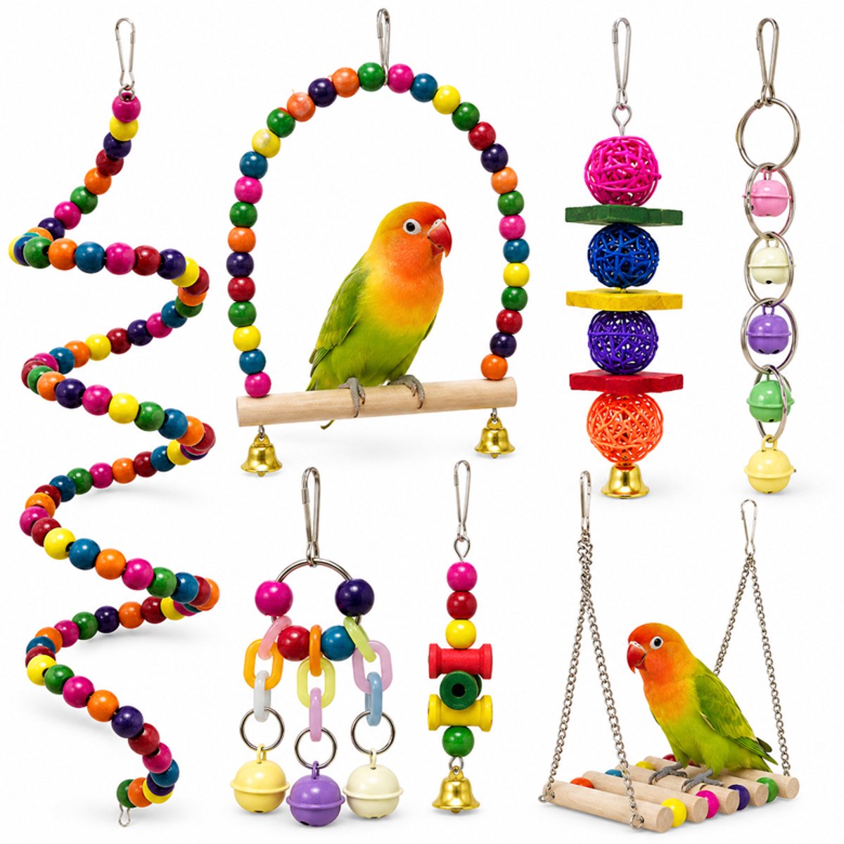 OUYLAF Parkietenspeelgoed set - 7 stuks - Vogelspeelgoed - Papegaaien Speelgoed - Vogel kauwspeelgoed - Papegaai schommel vogelkooi - Vogelkooi Accessoires