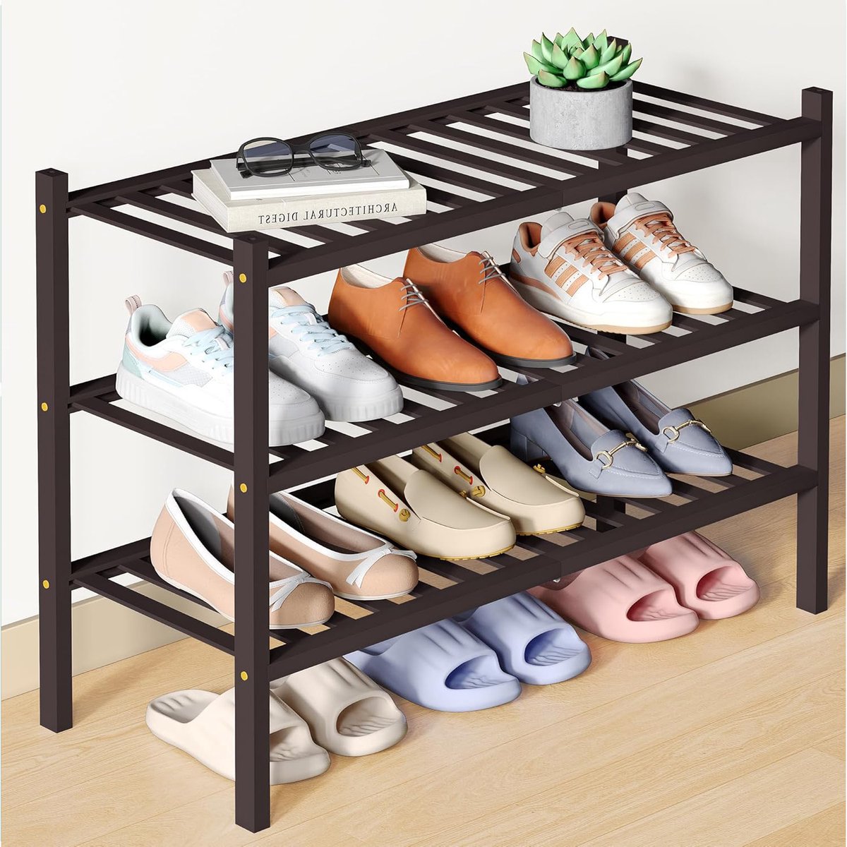 Smiry Schoenenrek (3 niveaus) - Bamboe Schoenenrek - Houten Schoenenkast -Schoenenrek hout - 68x28x46.5cm - Bruin
