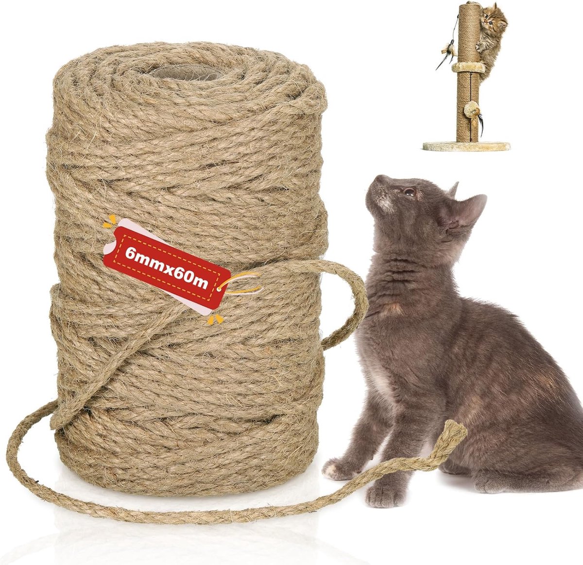 SnelShoppen - 60 m Natuurlijke Jute Sisaltouw voor Kattenkrabber - 6 mm Dikte - Vervangings- en Herstel Touw voor Kattenboom - Ideaal voor Doe-Het-Zel
