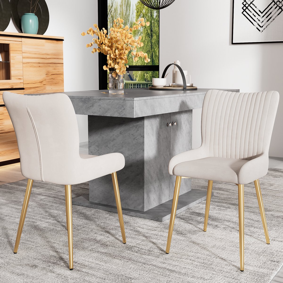 COVREO Eetkamerstoel set van 4 85 x 47 cm - velvet, gouden metalen poten, beige