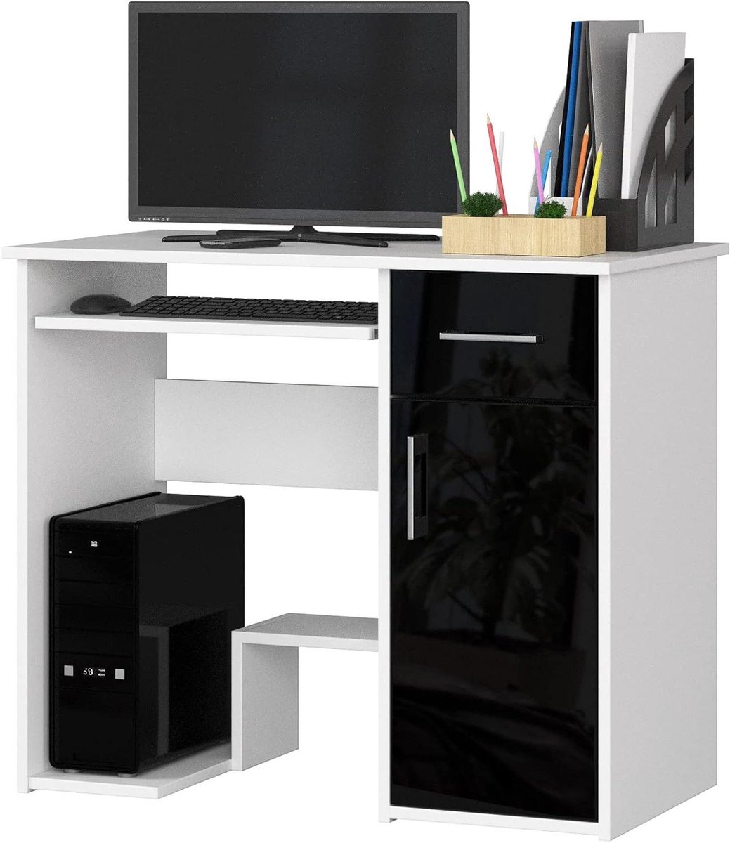 Bureau met Opbergruimte - Computer Tafel - Thuiswerken Kantoor - Compact Ontwerp - 90 cm Breed - Wit Zwart