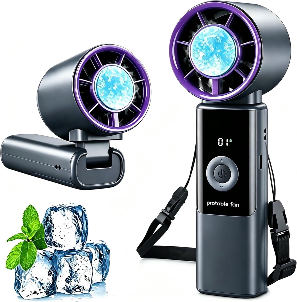 Draagbare ventilator – 5 snelheden – mini-stille draagbare ventilator met koeling – LED-scherm – oplaadbaar – opvouwbaar – kleine turboventilator voor kantoor, reizen, buiten, binnen.L
