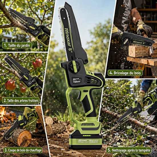 Mini Accu-Kettingzaag 8 Inch, 1800W Borstelloze Motor handkettingzaag, 2×18V 5200mAh Accu’s, Automatische Kettingsmering, Gereedschapsloze Kettingspanning, 2 Kettingen en Opbergkoffer van MINI — afbeelding 5