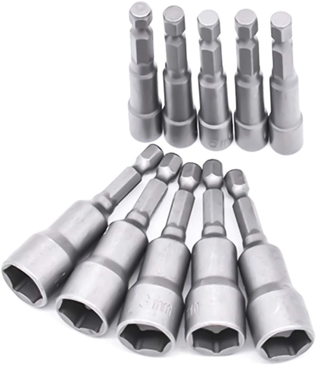 SnelShoppen - Set van 10 Magnetische Zeskant Dopsleutels, 6-19 mm, Chroom-Vanadium Staal, Schroefsleutel voor Boren, Steeksleutel, Moersleutel voor Kl