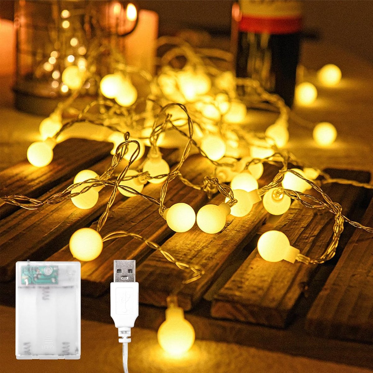 SnelShoppen - Lichtsnoer met Bollen 3M 20 LED Warm Wit - Batterij/USB Bediening - Globe Lichtsnoer voor Kerst, Bruiloft, Feest, Tuin, Camping, Binnen