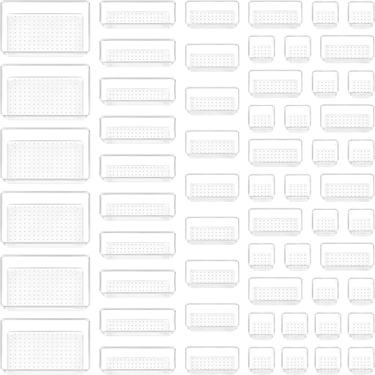 SnelShoppen - 60 Stuks Organizer voor Lades, Transparante Kunststof Ladebakjes, 4 Formaten voor Badkamer, Make-up, Keuken en Kantoor - Flexibele Opber