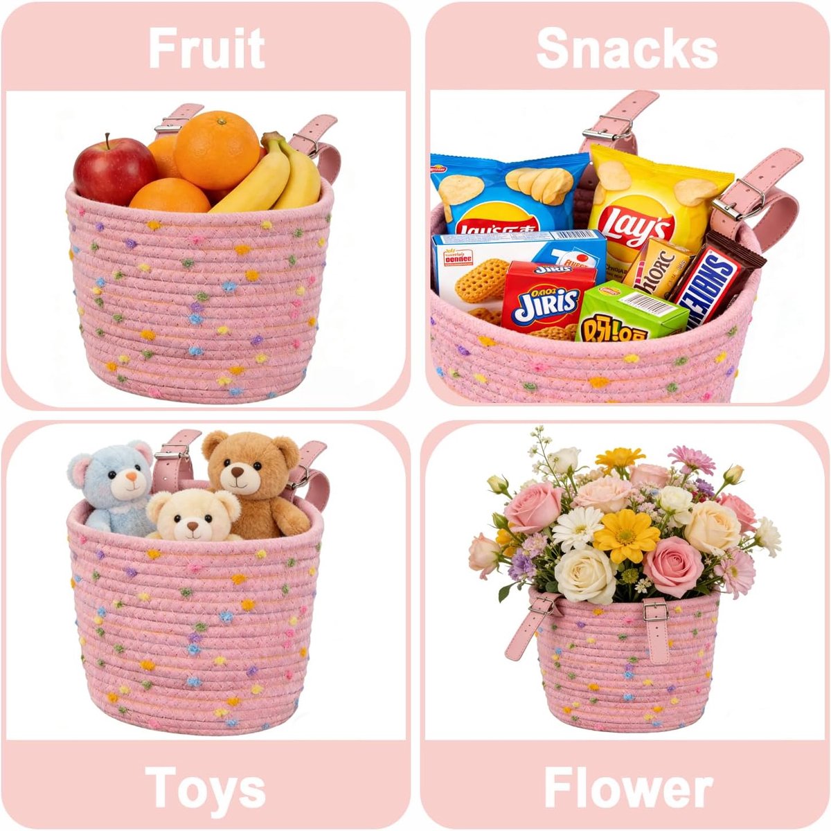 SnelShoppen - Kinderfietsmand voor jongens en meisjes, katoenen touw geweven fietsmand, schattige accessoires met reservelederen riemen, kwastjes, bel