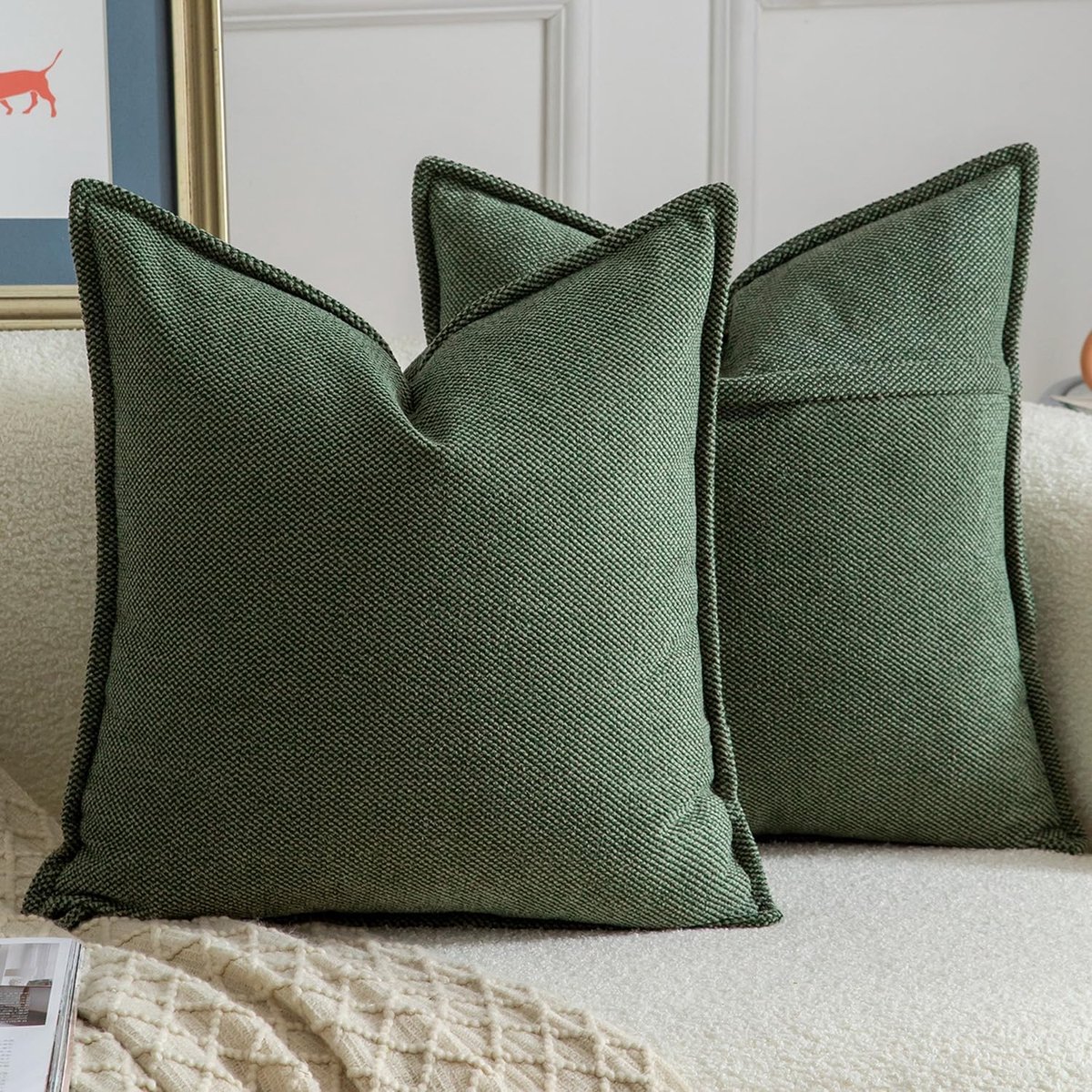 SnelShoppen - Set van 2 Chenille Franje Kussenslopen 50x50 cm Groen - Zachte Decoratieve Boho Accent Kussens voor Sofa en Slaapkamer - Neutrale Kleur