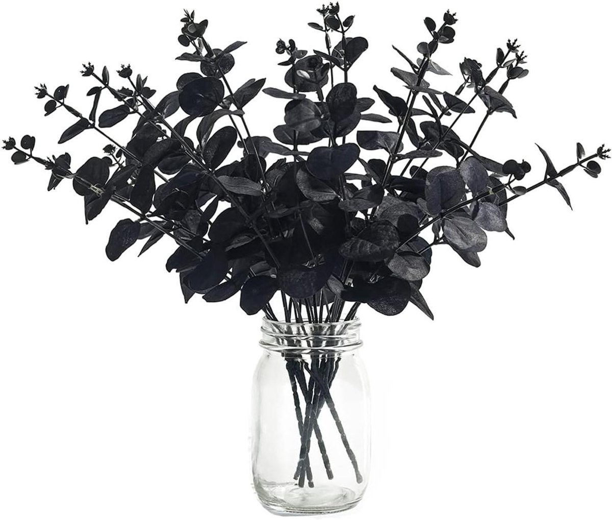 Kunst Eucalyptustakken - Nep Bladeren - Feestelijke Decoratie - Herbruikbaar Zonder Onderhoud - 6 Bundels 35 cm - Zwart