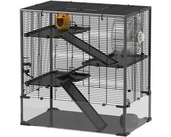 Hamsterkooi met glazen bodem, 4-verdiepingen hamsterverblijf met hutje en accessoires, 78,5L x 48,5B x 80H cm, zwart