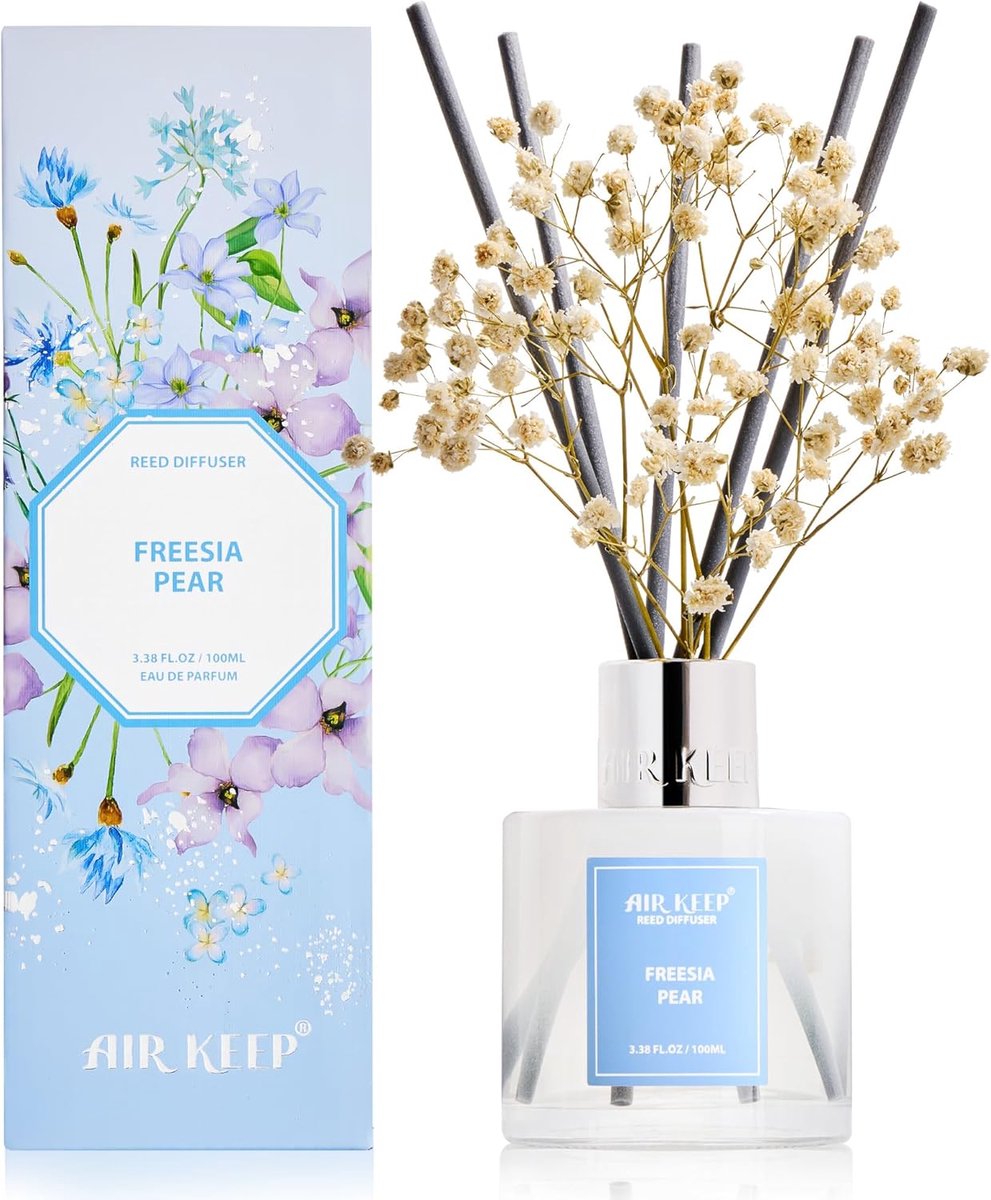 SnelShoppen - Rietdiffuser Airkeep Freesia Pear 100ml met 8 Aromastokjes - Luchtverfrisser voor Woonkamer, Slaapkamer, Badkamer, Huisdecoratie