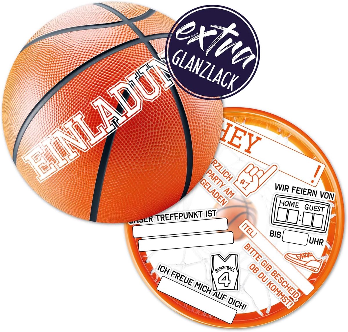 SnelShoppen - 12 Kinderfeest Basketball Uitnodigingskaarten - Extra Sterk, 15 cm Rond, Voor Jongens en Meisjes, Voor Basketball Feestjes, Geen Envelop