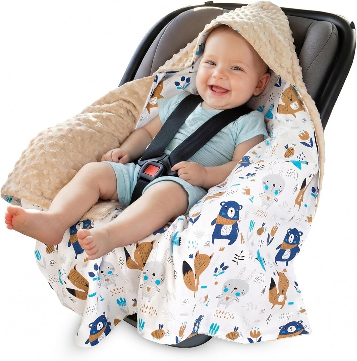 SnelShoppen - Swaddle Blanket 100% Katoen 85 x 85 cm met Kap - Cuddly Dekentje voor Kinderwagen, Autostoel en Draagzak - Dubbelzijdig Baby Dekentje, I