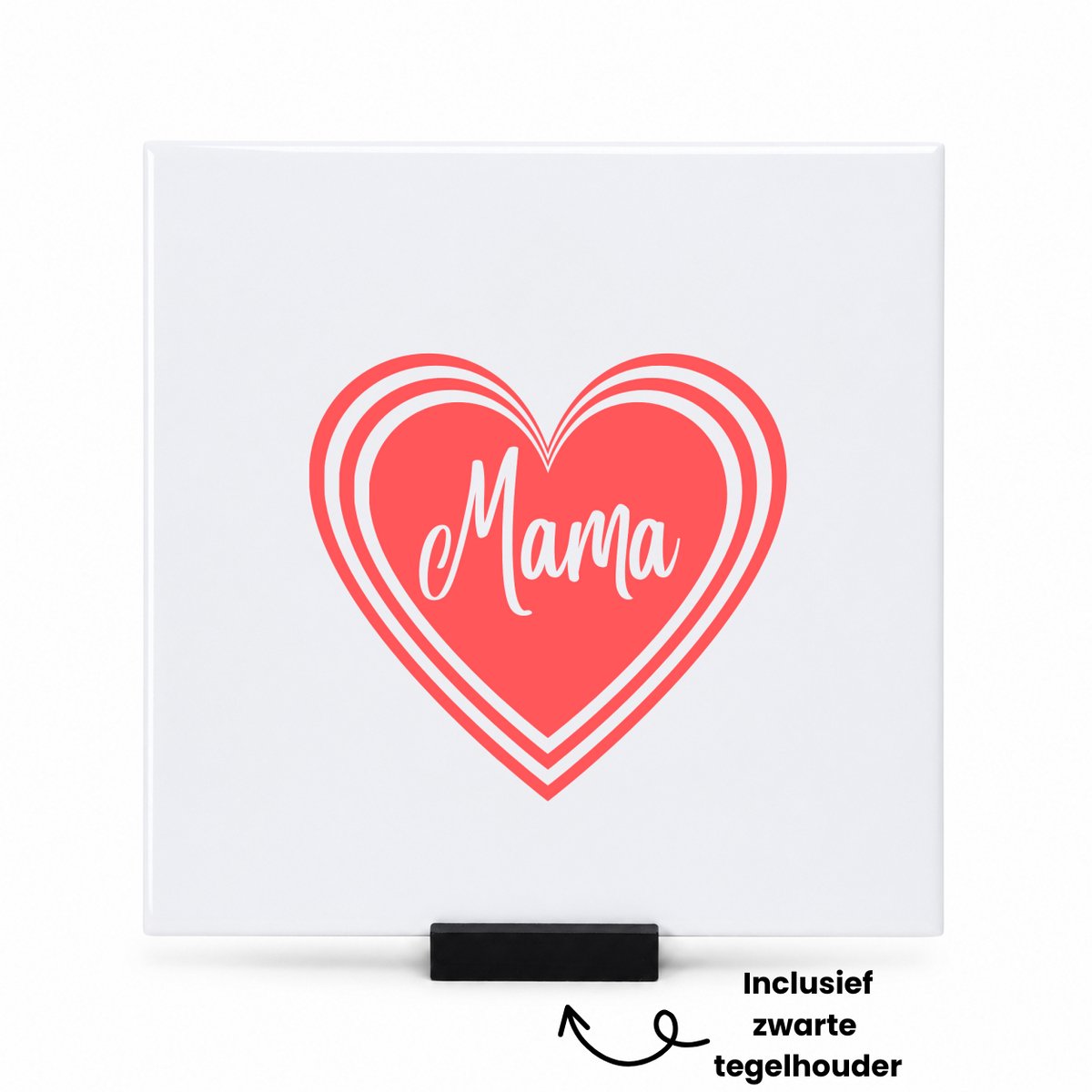 Hacebo Mama in Koraalrood Hart tegeltje met tegelhouder - Mama - Moeder - tegeltjes met tekst - moederdag cadeautje - Cadeau voor mama - Verjaardag - Geschenk - Cadeau - Gift - spreuktegels - 15x15 CM Wit