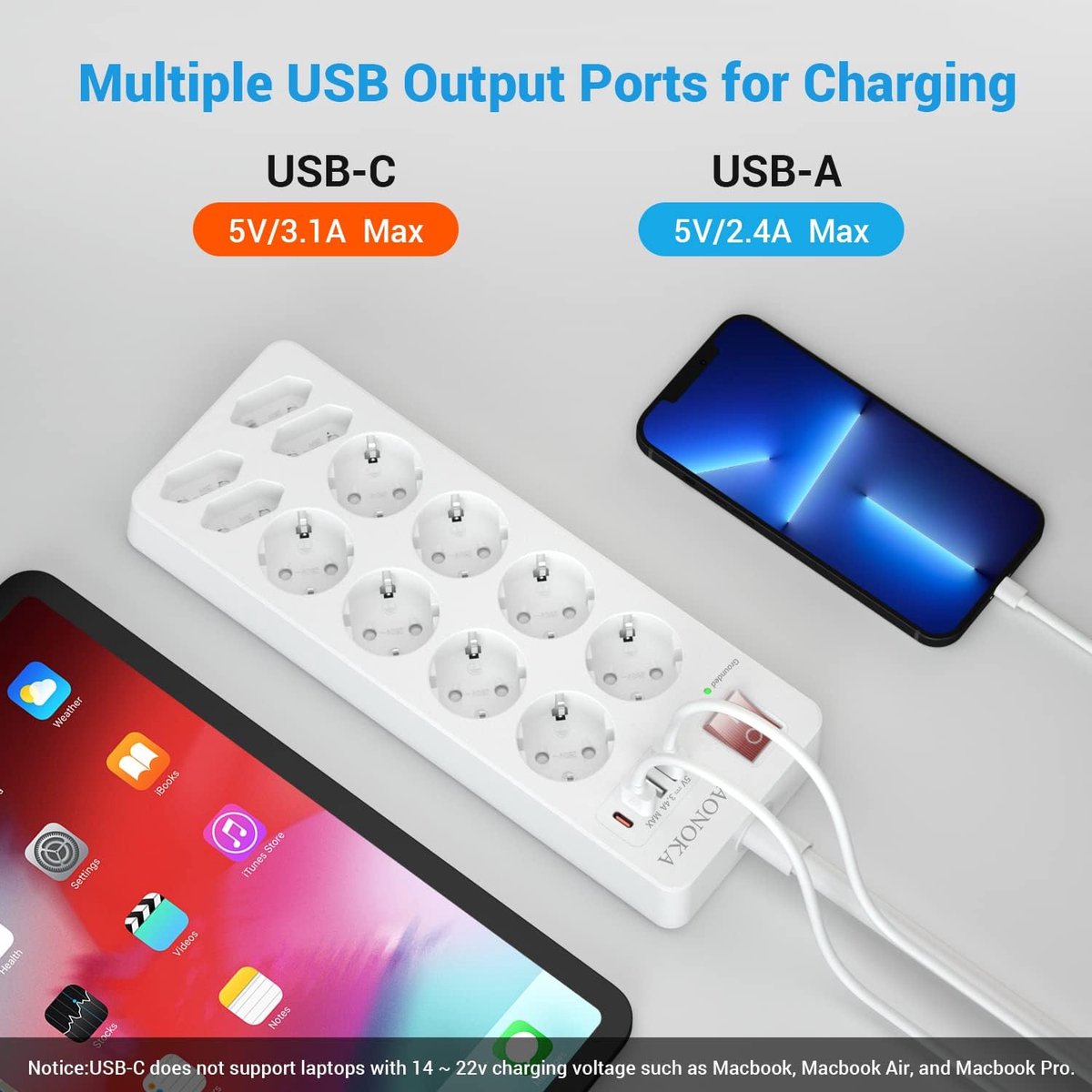 Thijox - Stekkerdoos met USB C 12 Voudige Stekkerblok met Overspanningsbeveiliging, 12 Stopcontacten en 4 USB Aansluitingen, 1,5m Verlengkabel, Wit