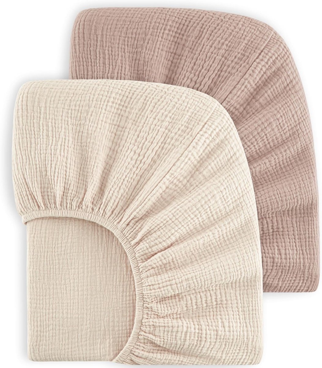 SnelShoppen - Set van 2 Kindermatrashoezen, Muslin Fitted Sheet, 100% Katoen Baby Fitted Sheet, 60x120cm/140x70cm, Beige, Ideaal voor Reisbedden, Kind