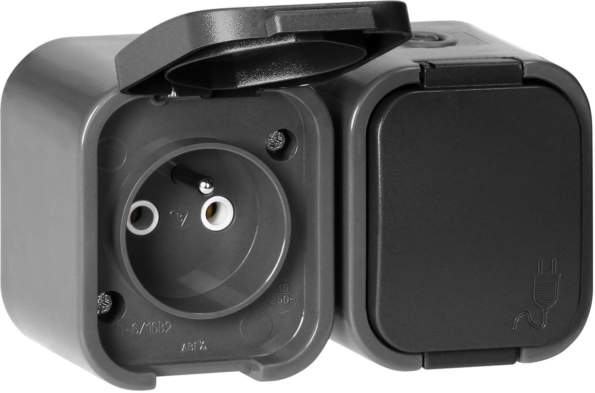 SnelShoppen - Dubbele Wandcontactdoos IP54 - Spatwaterdichte Aansluitdoos 16A 250V voor Garage, Werkplaats, Buiten - Grijs-Zwart