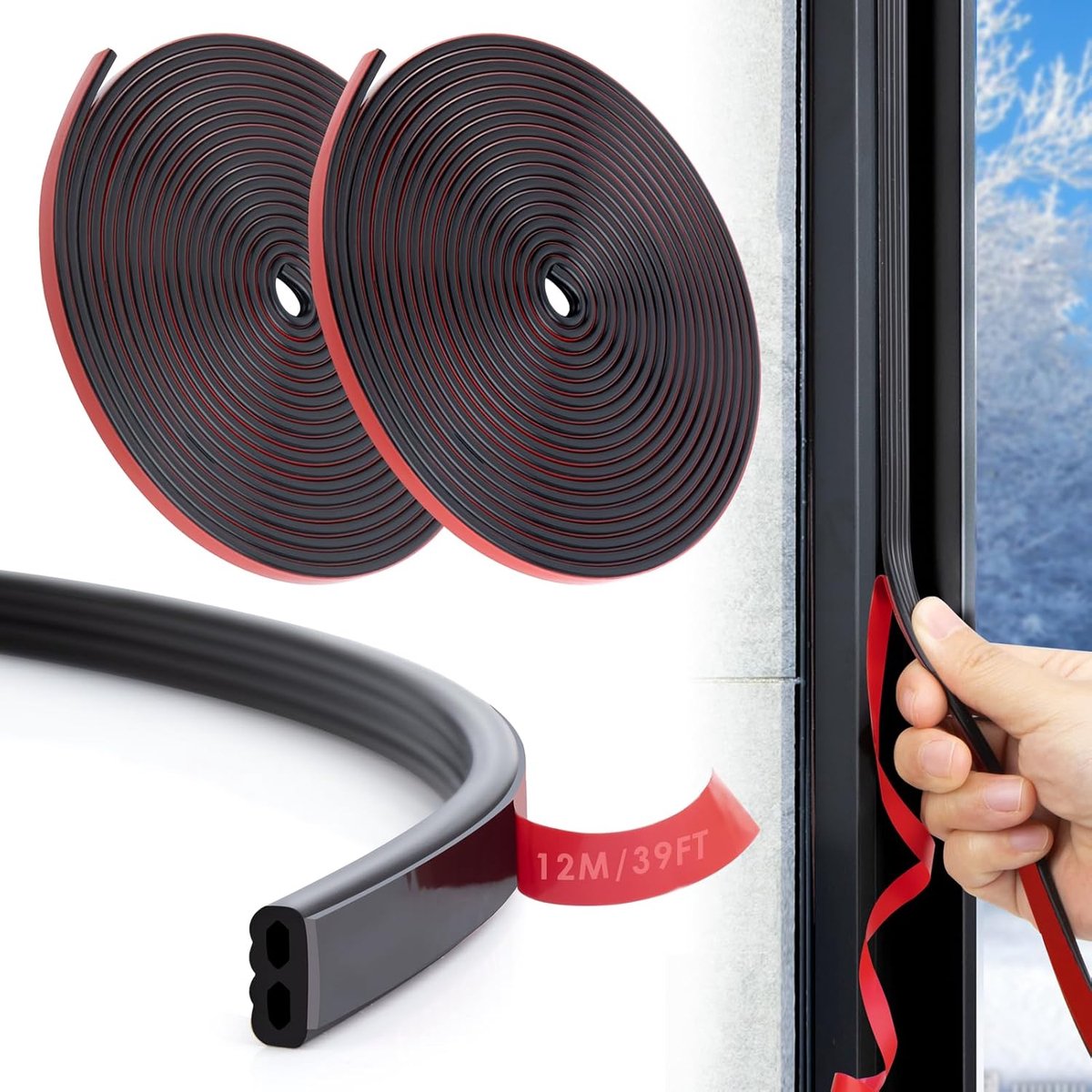 SnelShoppen - Draught Proof Strip voor Ramen en Deuren, 12 Meter, Zelfklevende Silicone Isolatie Strip, Zwart, Voor Energiebesparing en Geluidsisolati