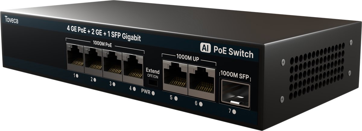 Toveca PoE Switch 4 Poort - Netwerk Switch - 1 Gbps - 4 PoE & 2 RJ45 & SFP - 65W
