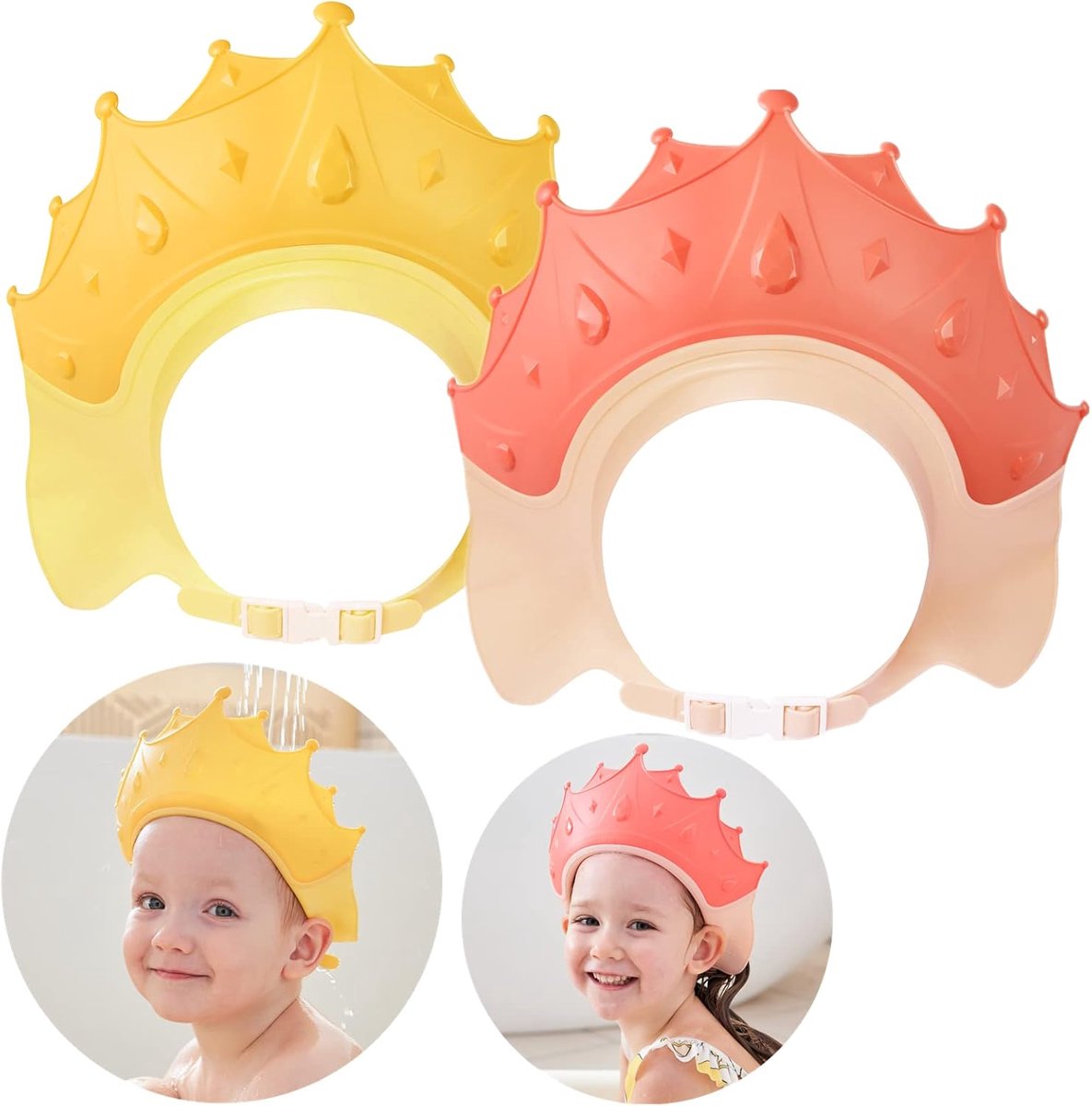 SnelShoppen - Baby Shower Cap Set van 2, Verstelbare Douchcap voor Kinderen, Beschermt Ogen en Oren van Baby's vanaf 6 Maanden (Geel & Roze)