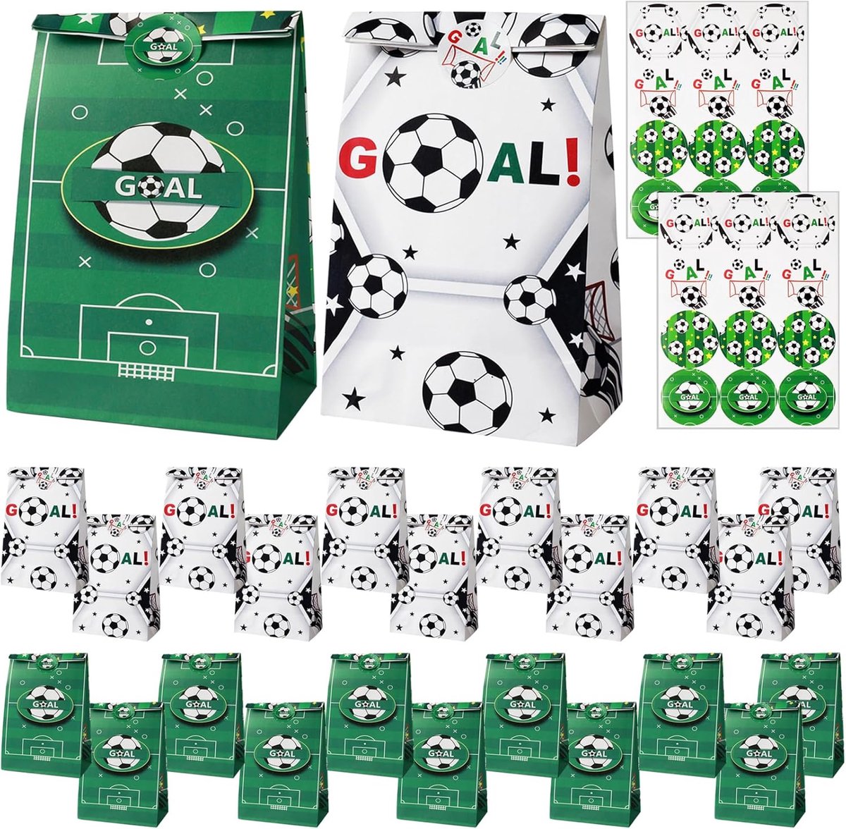 SnelShoppen - Gift Bags voor Kinderen Verjaardag Voetbalfeest, 24 Stuks Papier Cadeauzakjes met Voetbalstickers voor Jongens, Milieuvriendelijk Kraftp