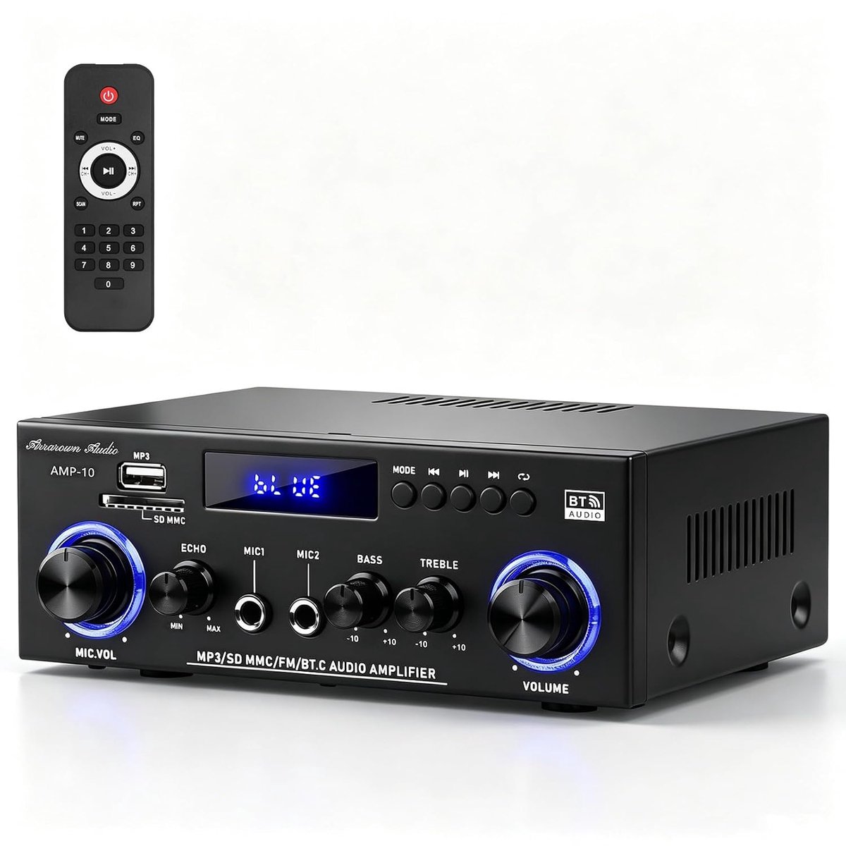 SnelShoppen - AMP-10 Bluetooth Versterker 50WX2 Stereo Audio Amplifier 2.0 Kanaal Max 600W Mini Power Amplifier met FM Radio, Echo, MIC, USB, SD Input