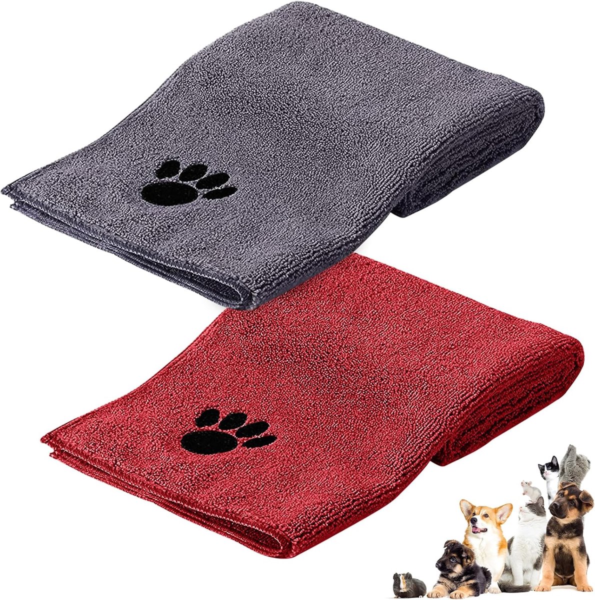 SnelShoppen - Microfibre Honden- en Kattenhanddoek 35x75 cm, Super Absorberend, Sneldrogend, Wasbaar, Geleverd in 2 Stuks, Grijs/Rood met Geborduurde