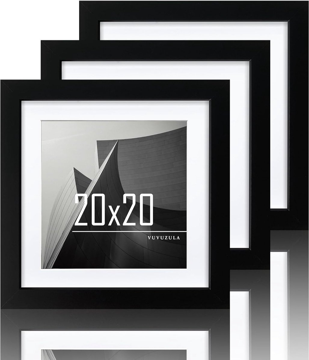 SnelShoppen - Set van 3 Zwarte Houten Fotoframes 20x20 cm - MDF Fotolijsten met Steun en Wandhaak - Perfect voor Thuis, Feesten en Cadeaus