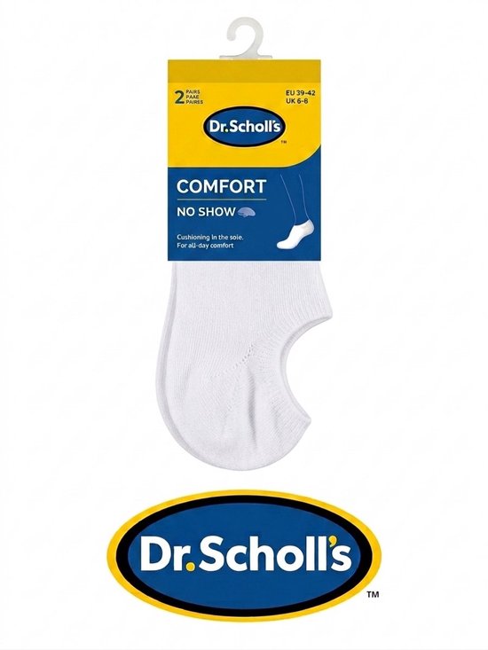 Verpakking met 2 paar witte Dr. Scholl's Comfort No Show sokken, maat EU 39-42.