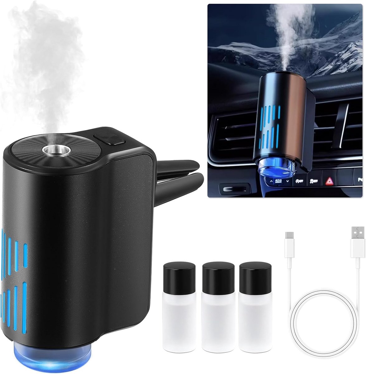 SnelShoppen - Car Air Freshener 30 ml, Slimme Ultrasonische Atomiser met 3 Modi, Automatische Luchtverfrisser voor Auto met Li-ion Accu