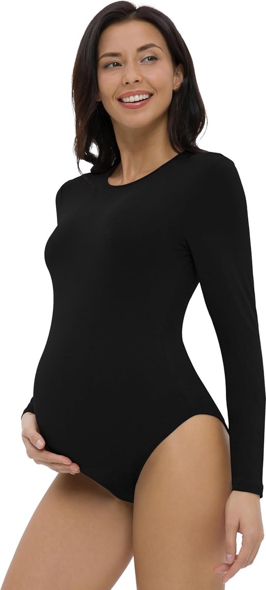 SnelShoppen - Maternity Bodysuit Zwangerschap Lange Mouwen Rondekraag Jumpsuit Romper Zwart L - Comfortabele en Stijlvolle Zwangerschapsmode