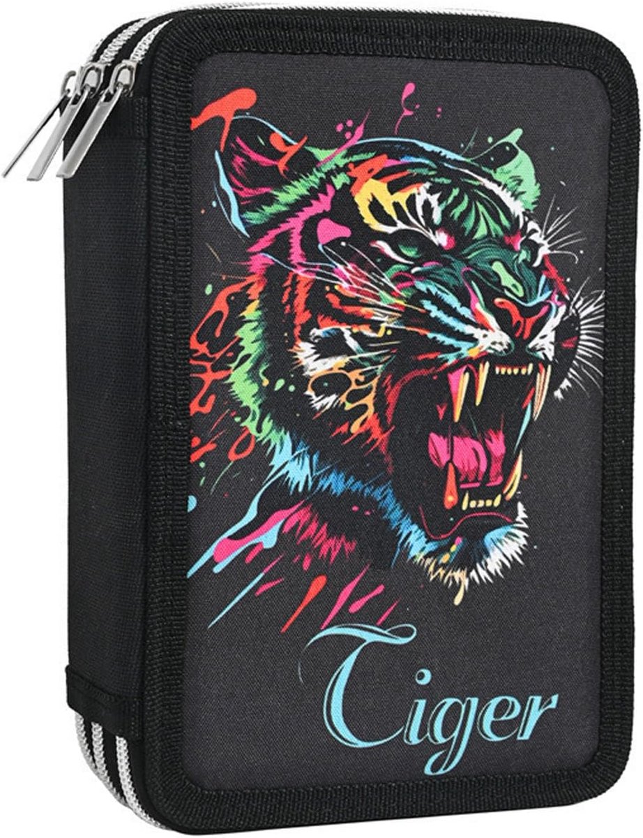 SnelShoppen - Pennenetui, zwart, 3-vaks, vierkant, graffiti-etui met tijgerpatroon, meerlaagse Oxford-stof, groot etui voor aquarelpotloden, pennen, m