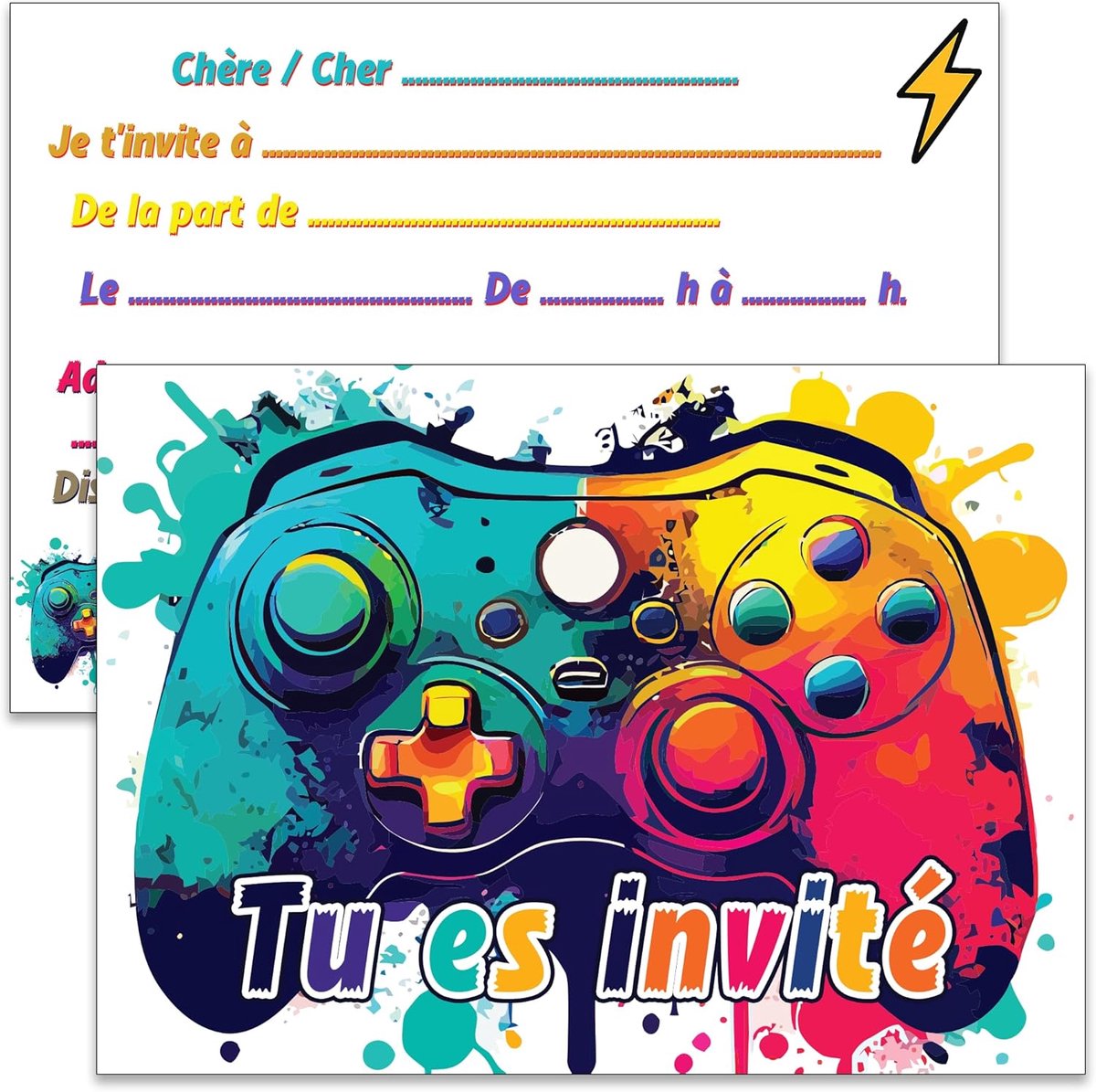 SnelShoppen - 12 Uitnodigingen Kinderverjaardag Gaming Thema A6, Kleurrijke Kaarten in het Frans, Perfect voor Feesten, DIY, 10.5 x 14.8 cm, Pixel Des
