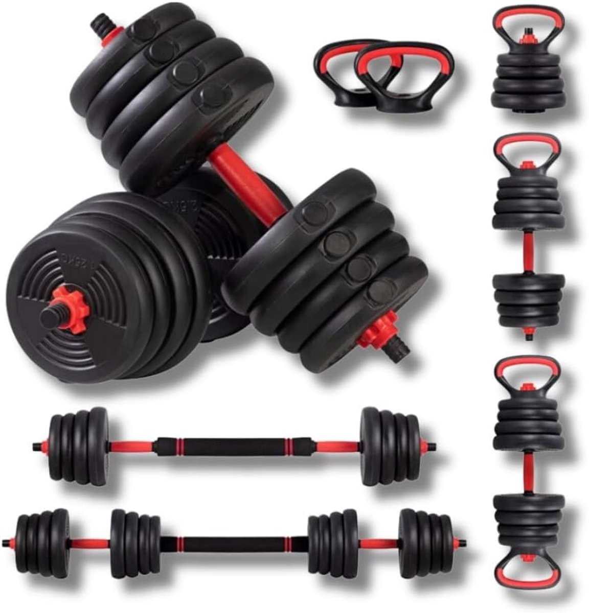 SnelShoppen - 6-in-1 Verstelbaar Dumbbell Set met Kettlebell, Push-Up Standaard, Rubber Gewichten 10-40kg - Voor Thuis Gym, Fitness, Krachttraining, S