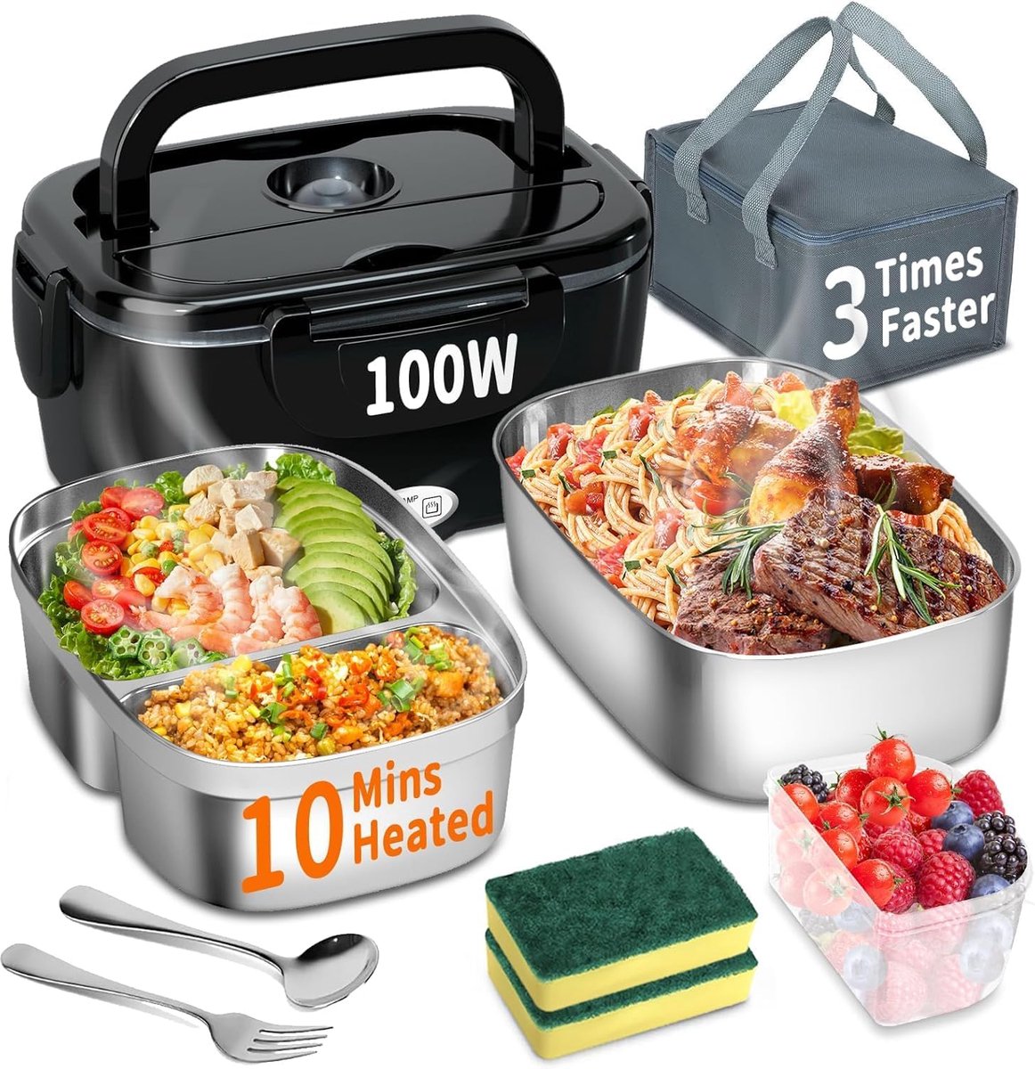 SnelShoppen - Elektrische Lunchbox 100W - 3-in-1 Snelle Verwarming Lunchdoos voor Volwassenen - 12V/24V/220V met 2 Pakkingen - Ideaal voor Auto, Vrach